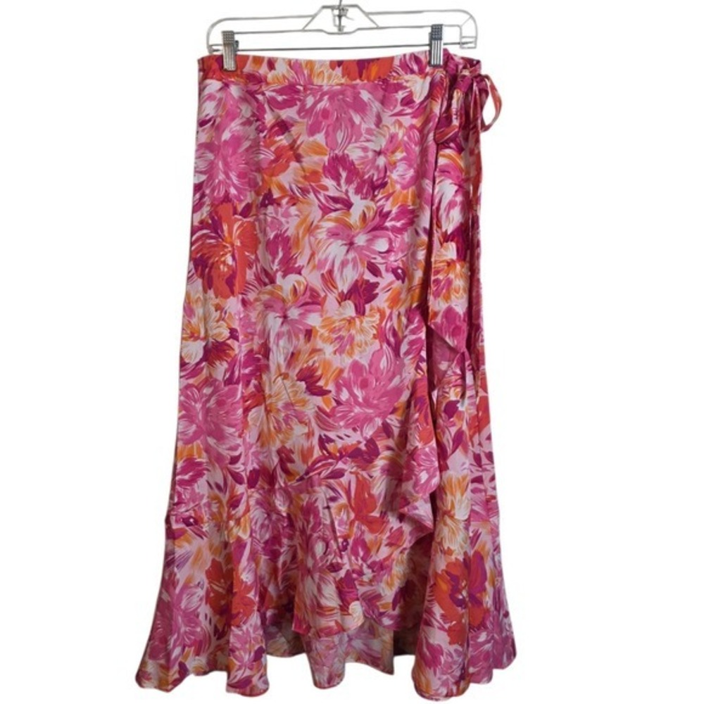 She + Sky Wrap Skirt XL Pink Orange Tropical Floral Ruffle Midi Garden Party - Picture 3 of 16